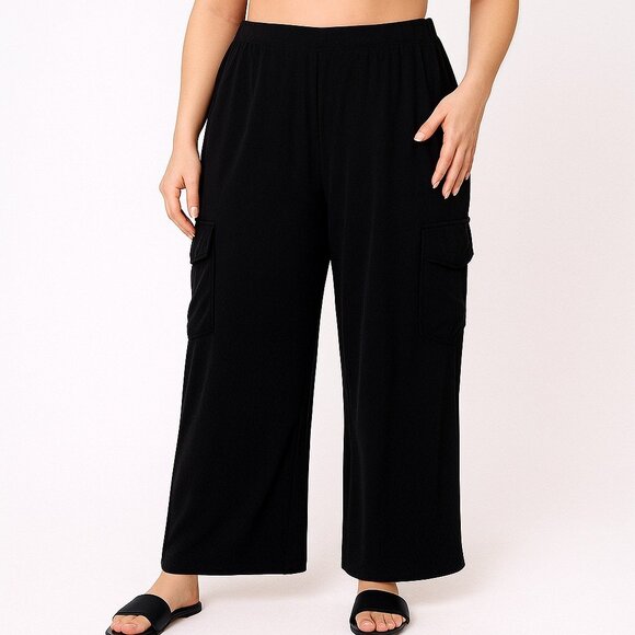 Min wang womens black pull on pants pockets size L - Picture 1 of 4